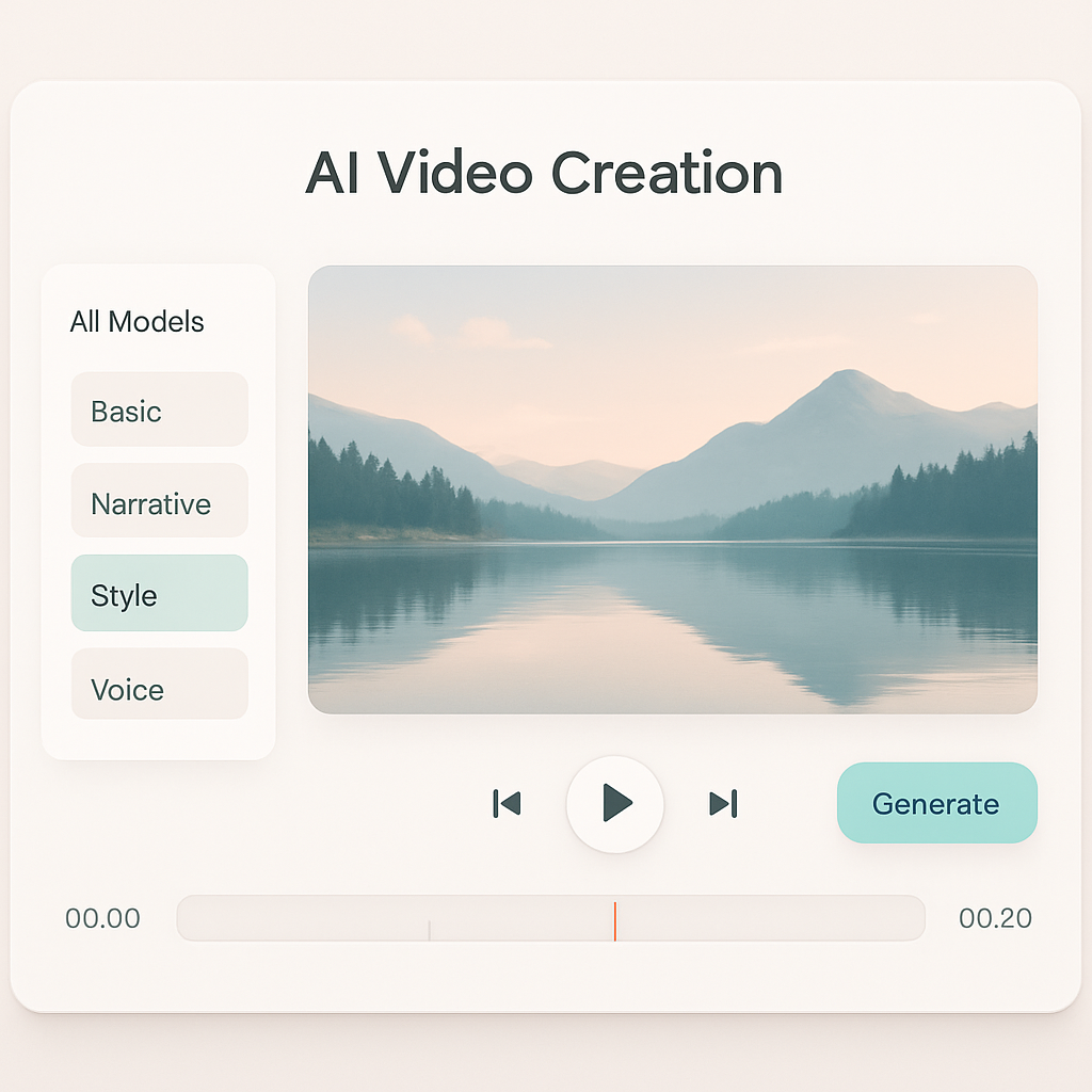 PrismVideos editor showing AI models, a video timeline, and a preview canvas